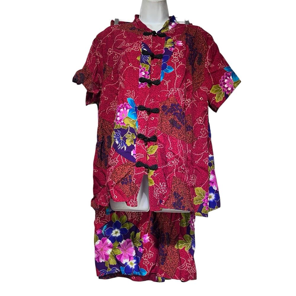 Clio II 2PC Skirt Set Red Floral Asian Floral Toggle Top Boho Festival 1X